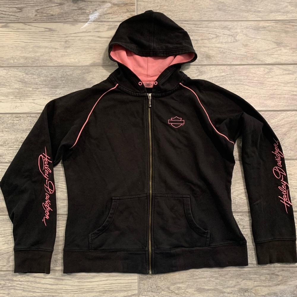 Harley Davidson Women Zip Up Hoodie Black & Pink  Size Large Embroidered